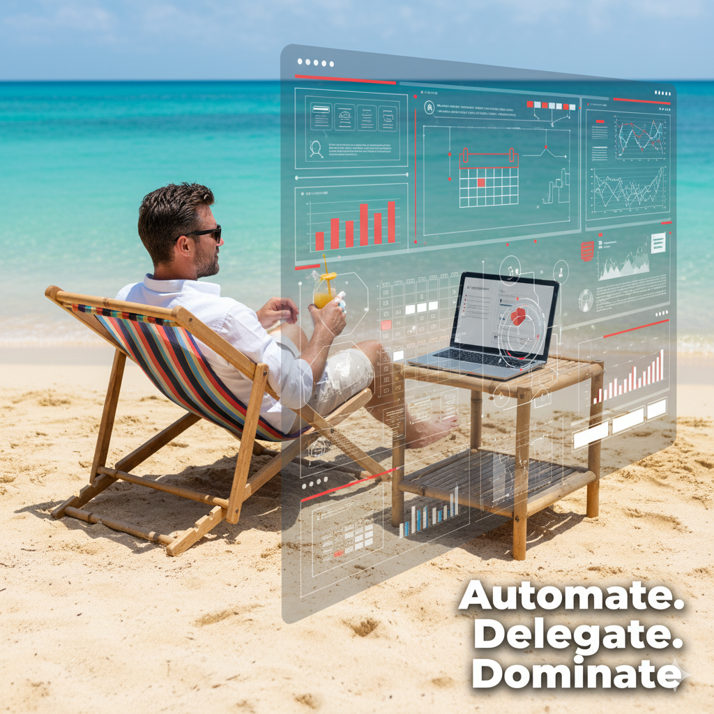 Business owner relaxing on beach with Digents automation working in the background